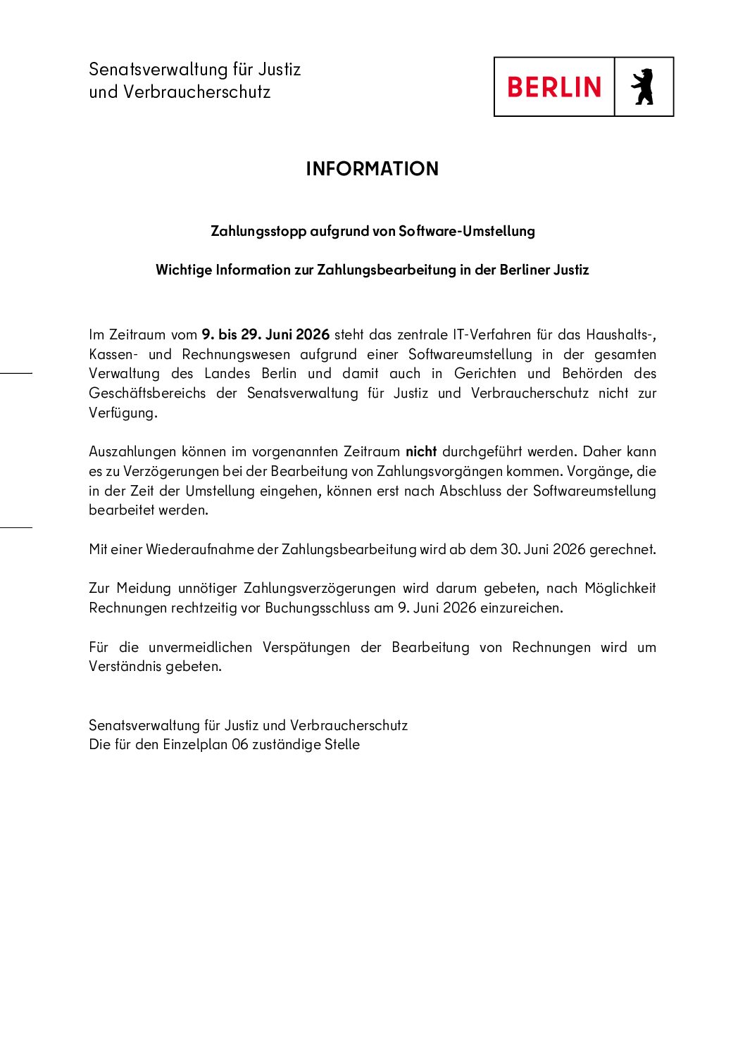 Zahlungsstopp an Berliner Gerichten 09.-29.06.2026